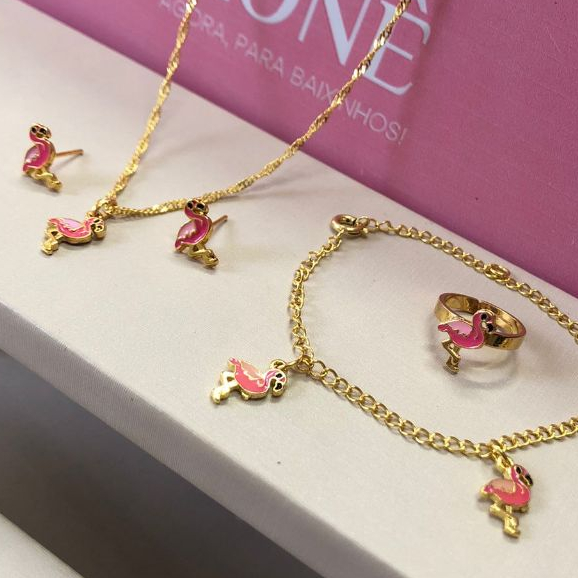 Kit Conjunto de Semi Jóias Infantil Flamingo Brin