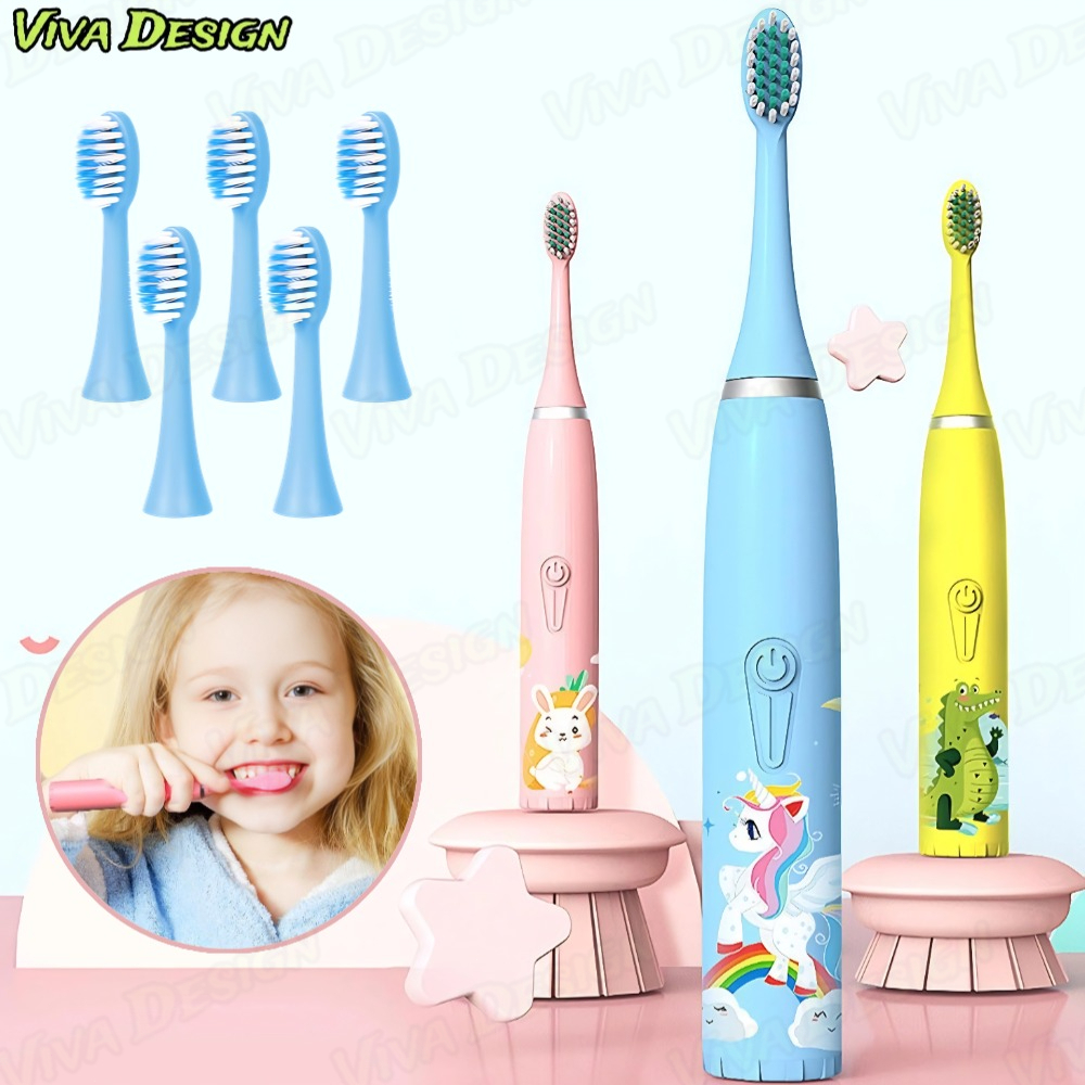Escova Dental Elétrica Ultra-Sônica Para Crianças Acústica Onda Fofa Cabelos Suaves Dupla Face Limpa