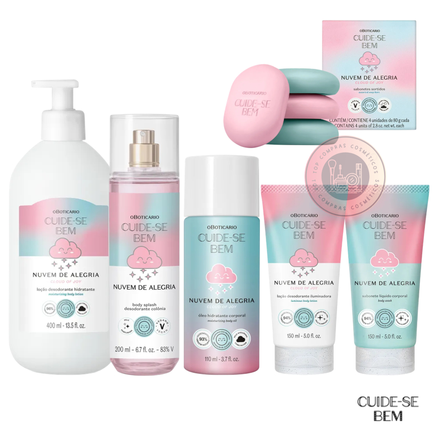 Linha Cuide-se Bem Nuvem de Alegria: Loção Corporal Iluminadora, Body Splash, Óleo Hidratante, Sabon
