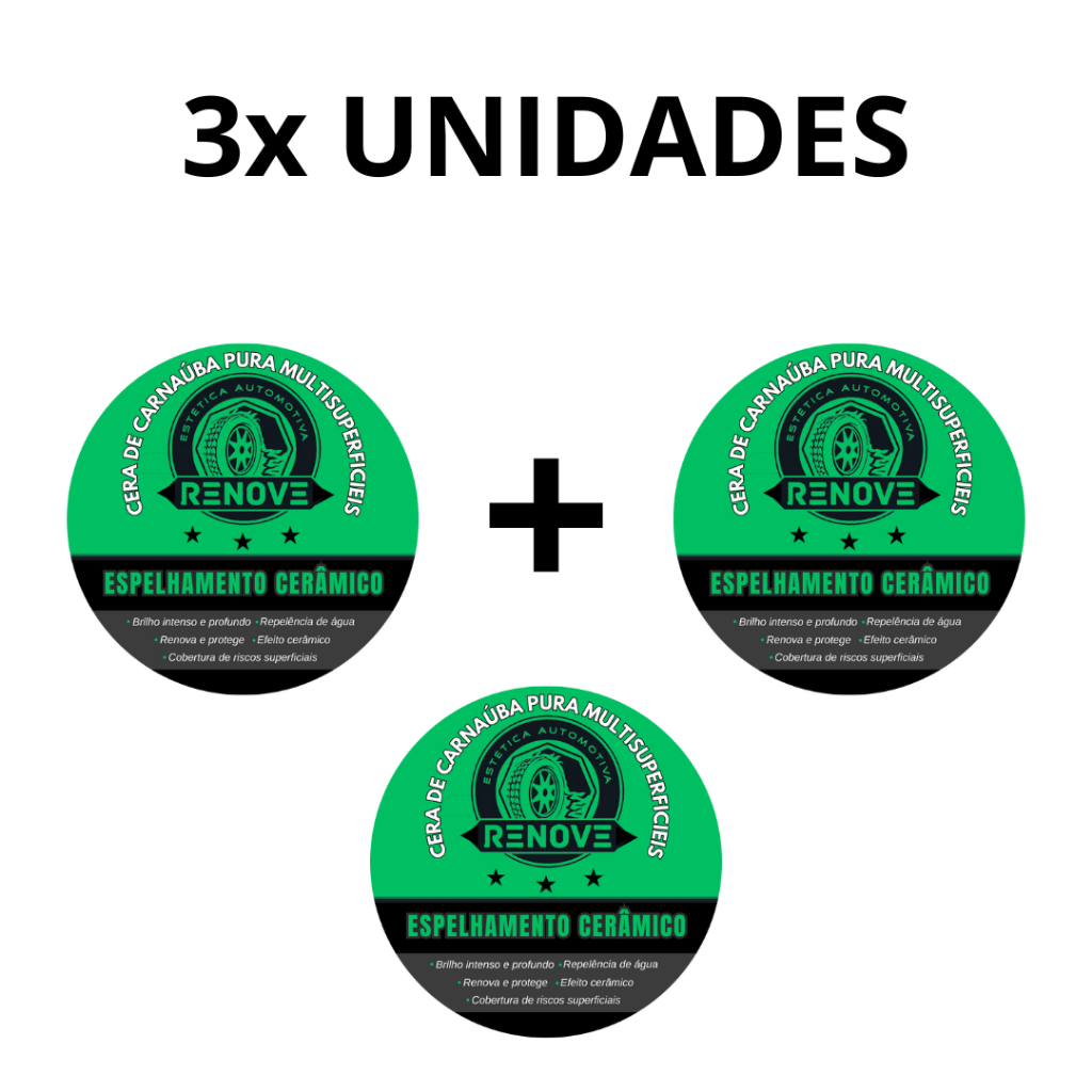 Kit 3x Cera Espelhamento Cerâmico  Repele Água, Remove Riscos, Proteção UV, Brilho Intenso