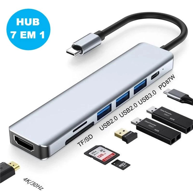 Hub USB tipo C para HDMI para MacBook Laptop PC Telefone SD TF PD RJ45 6 em 1/7 em 1/8 em 1