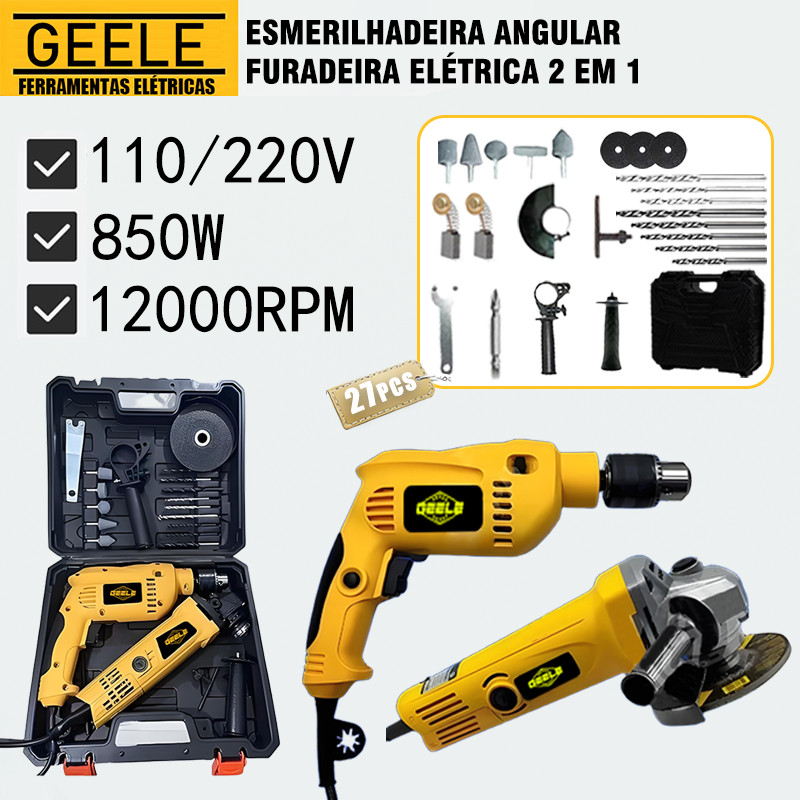 Kit Furadeira  Parafusadeira E Lixadeira Esmerilhadeira 850W 12000rpm e Maleta de Transporte Com Ace