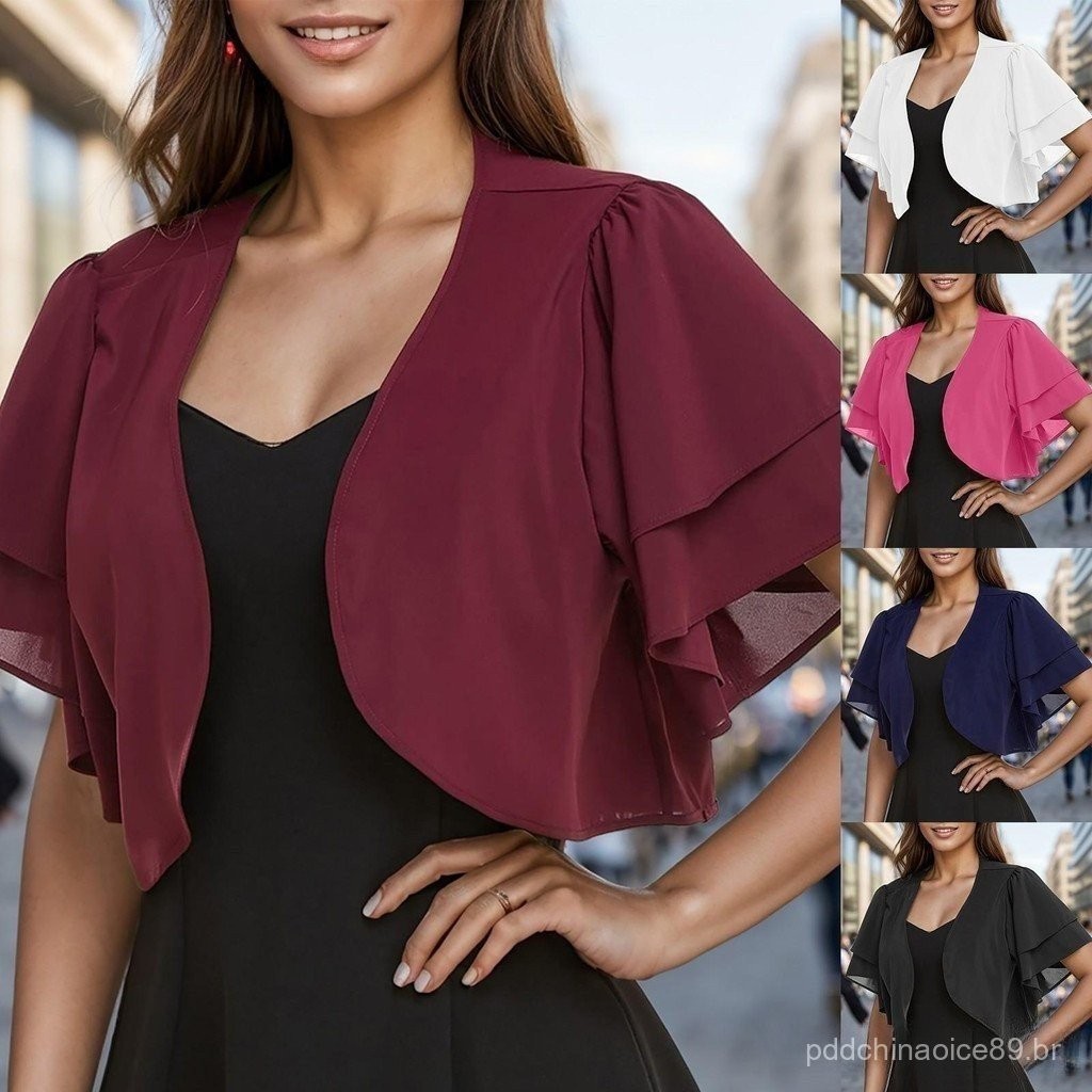 Moda Feminina Bolero Curto de Manga Curta em Chiffon de Cor Sólida