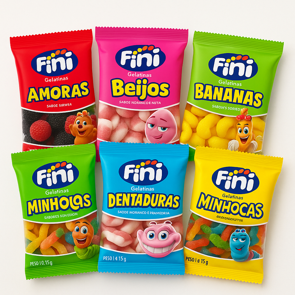 Kit 30UN Temáticos Balas Fini Gelatinas Balas Doces e Cítricas de 15g Cada