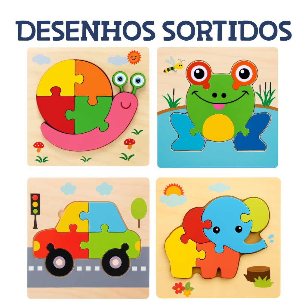 Kit Quebra-Cabeças de Madeira Infantil Sortidos Animais Formas e Personagens Coloridos Educativo