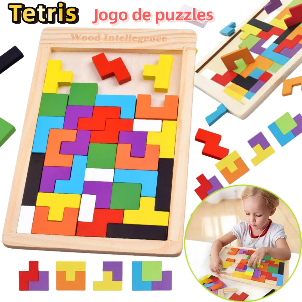 Brinquedo Montessori Quebra Cabeça Tetris Madeira 3D Jogo de Puzzles Educativo Tangram para Crianças