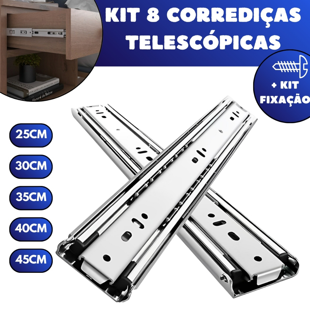 Kit 8 Corrediças Telescópicas Light Gaveta Aço Trilho Com Parafusos 25cm 30cm 35cm 40cm 45cm Leve