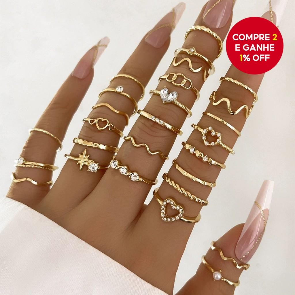 Conjunto de 28 Anéis Minimalistas em forma de Onda para Mulheres – Joias em Prata com Anéis Geométri