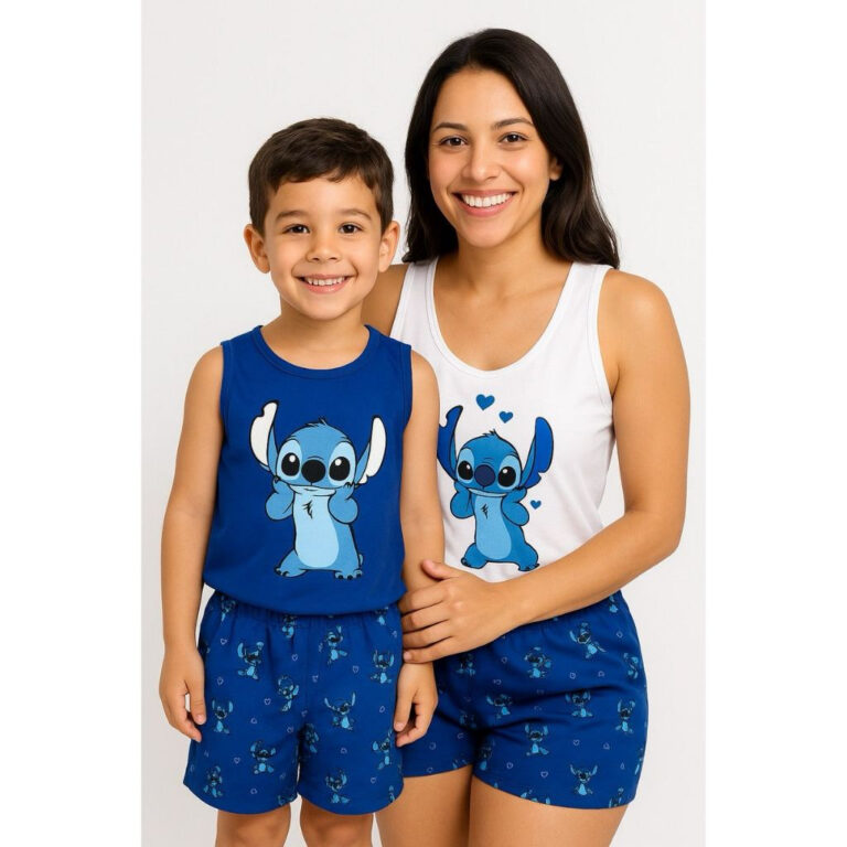 Kit pijama mae e filho personagem regata juvenil t