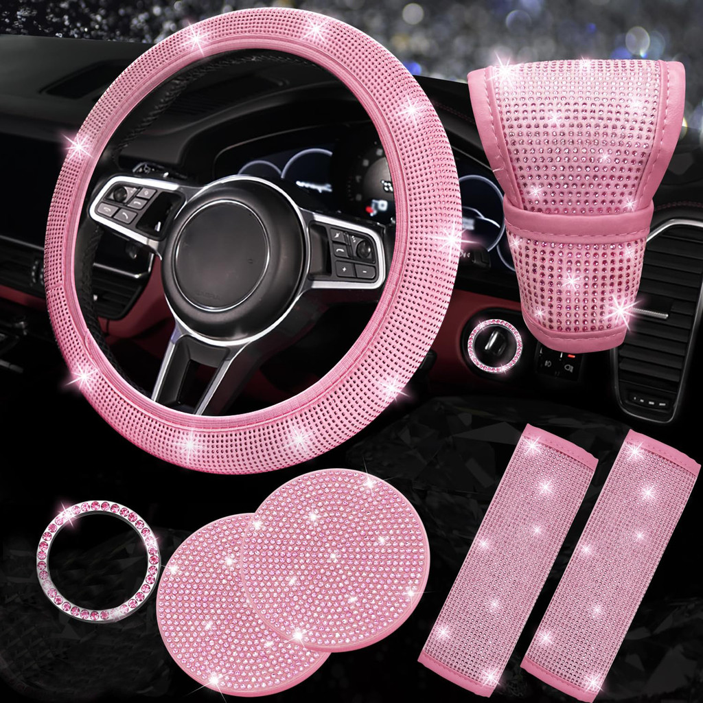 Capa De Volante De Diamante De Carro , Conjunto De Acessórios De Strass Brilhante De 7 Peças , Capas