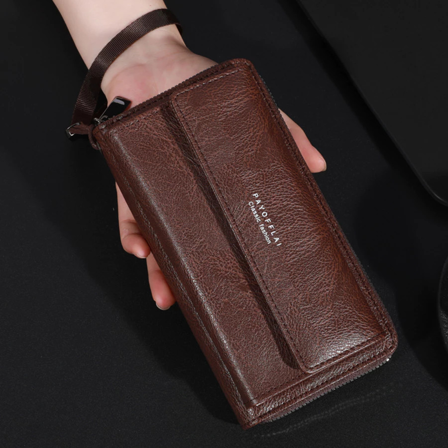 Carteira Masculina Com Zíper Longo  Suporte Para Telefone Em Couro PU De Grande Capacidade Compartim