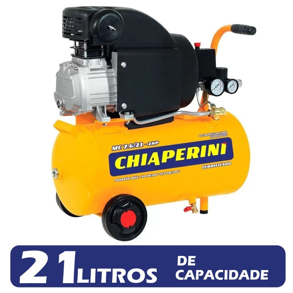 Compressor de Ar Portátil 21Litros Chiaperini MC 7.6/21-2HP 120psi Monofásico