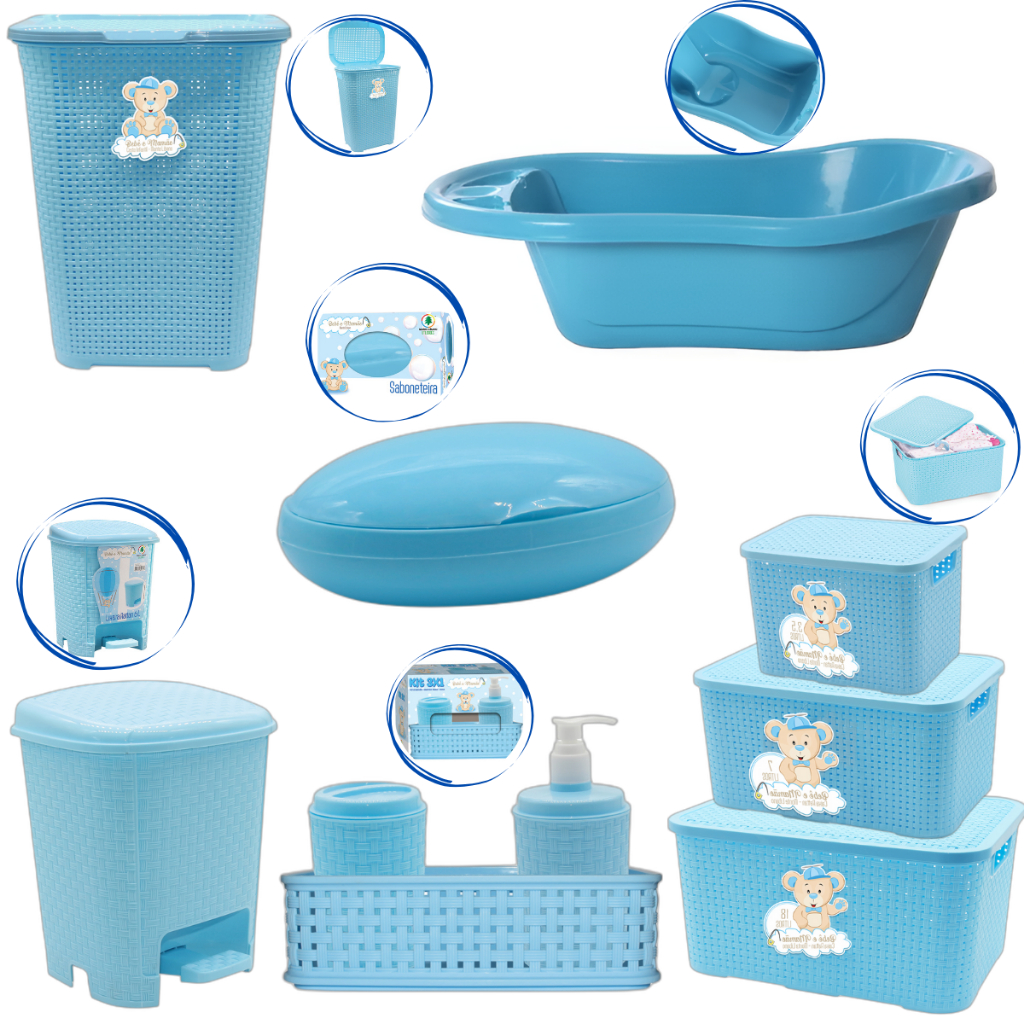 Kit Para Banho Bebê Menino Menina Banheira Cesto Sabonetera Lixeira