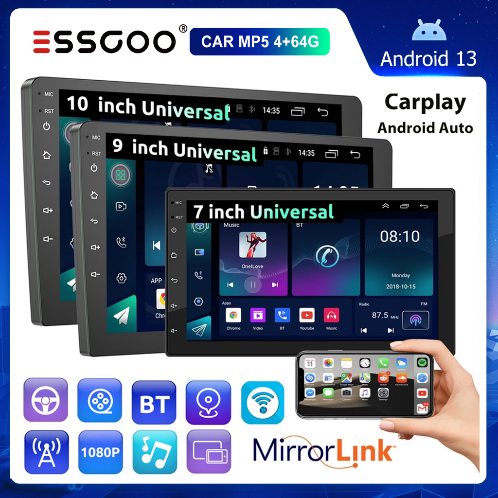 (Do São Paulo)ESSGOO Bluetooth 7  9  10  2 Din 4 + 64GB Android Carro MP5 Player Tela De Toque CarPl