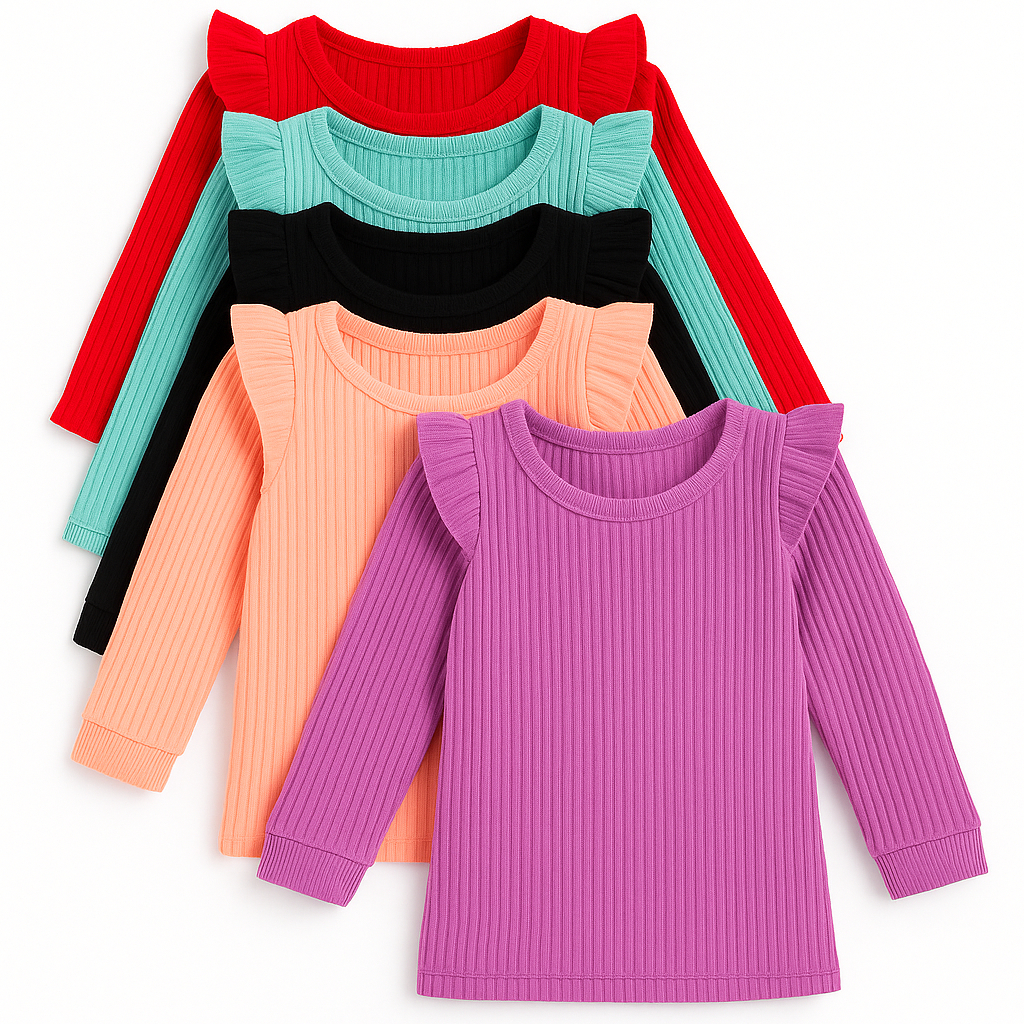 Kit 3 Blusinhas Infantis Femininas Manga Longa Babado no Ombro  Roupa Menina ENVIO CORES SORTIDAS
