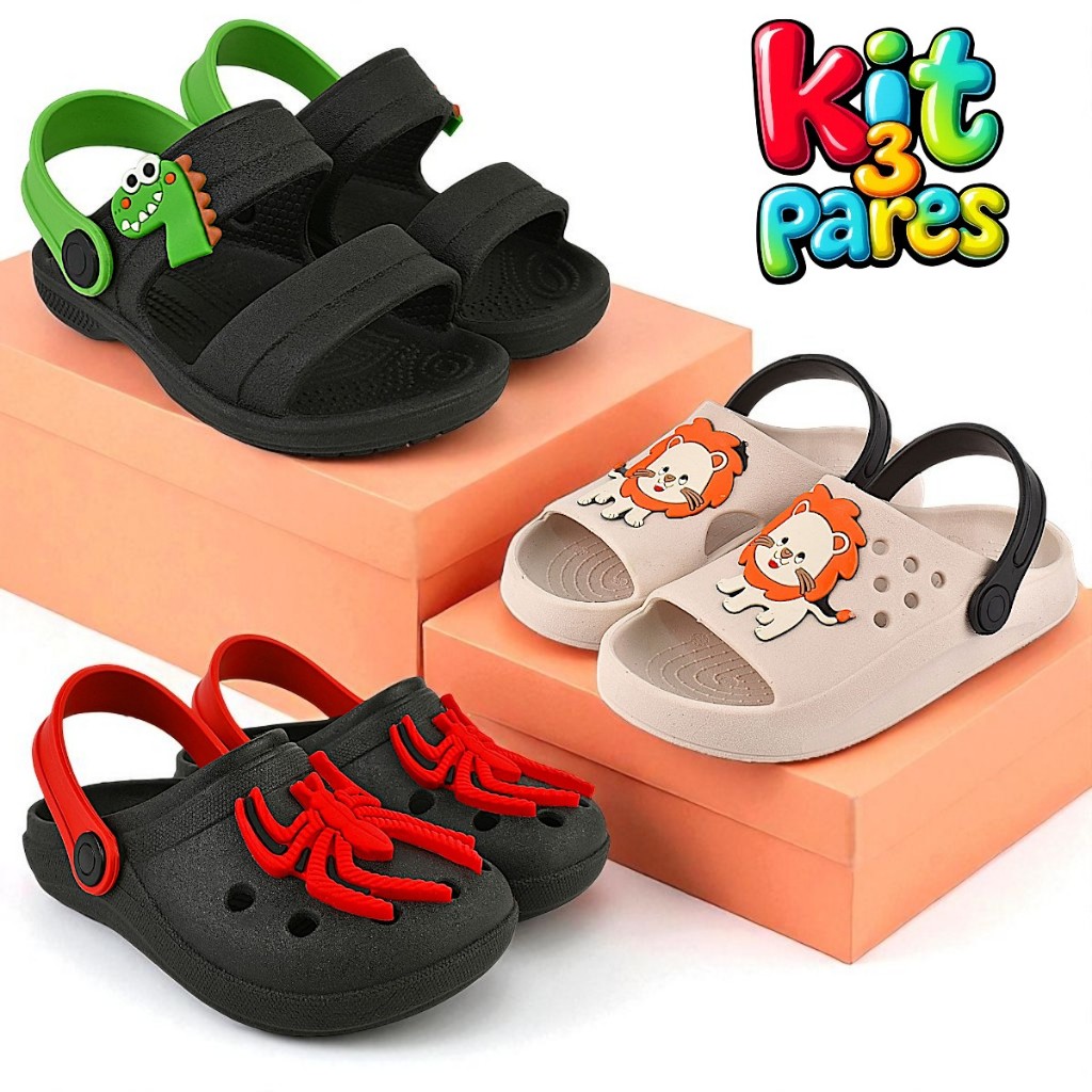 Kit 3 Pares Sandália Babuche Menino Infantil Confortável Leve e Anatômico