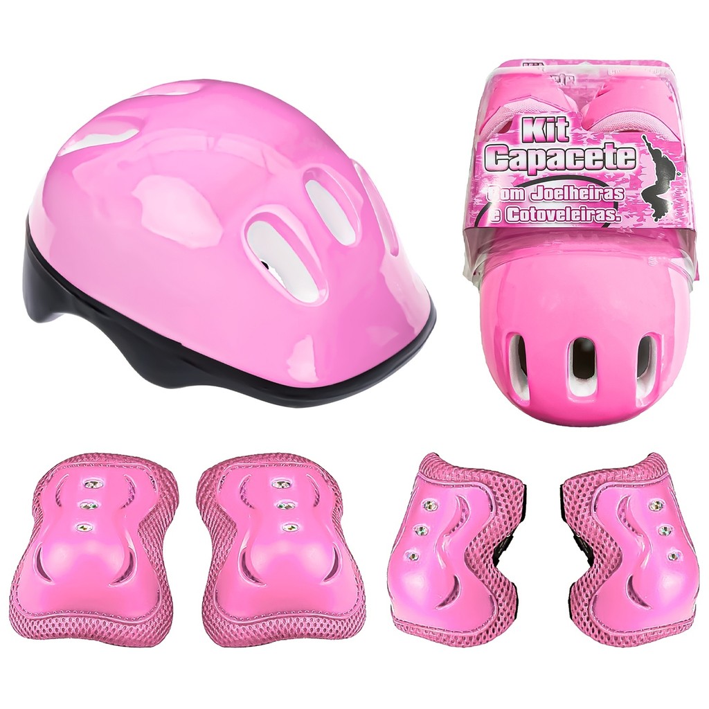 Kit Segurança Infantil Capacete Para Patins Bike Skate Patinete 5Peças Cor Rosa