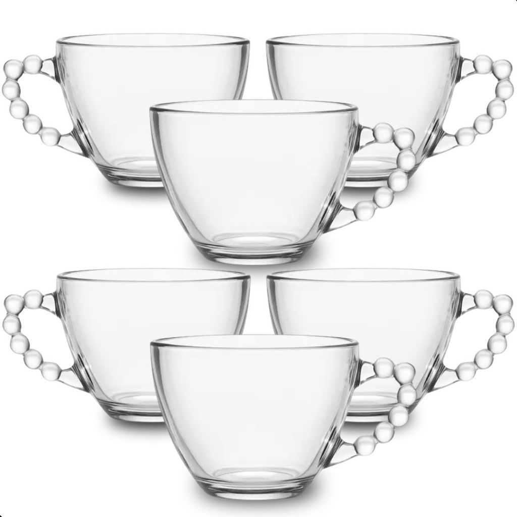 Jogo De Xícaras E Pires Em Vidro Transparente 12 Peças Para Chá Café 220ml Pearl Pérola Bolinha