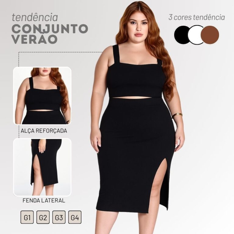 Conjunto Plus Size Feminino Preto Top Saia Midi Fe