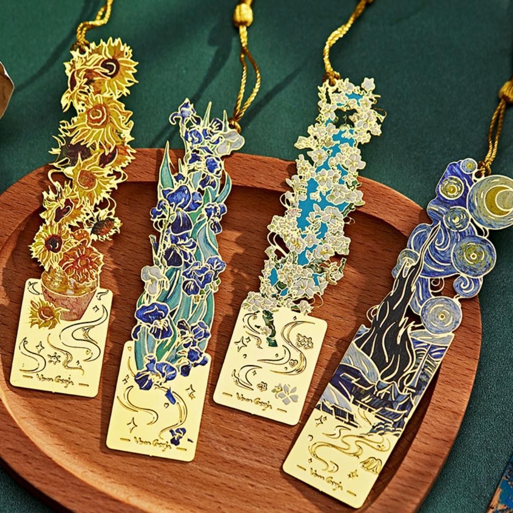 Marcadores De Metal De 1 Unidade Com Borla , Marcador Oco Dourado Van Gogh Monet Pintura A Óleo Tema