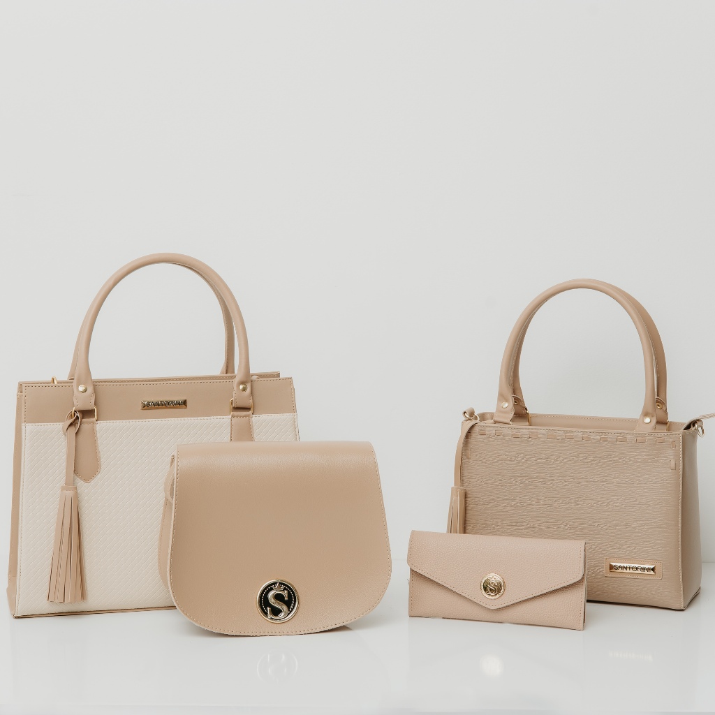 Bolsas Feminina 4 Peças Grande Tote Média Tiracolo Pequena Trarnsversal Carteira Santorini Handbag