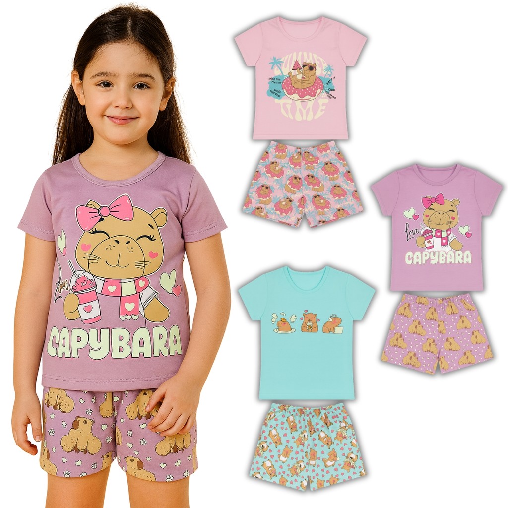 Pijama Brilha no Escuro Conjunto Menina Infantil Capivara Malha Levinha Verão Calor
