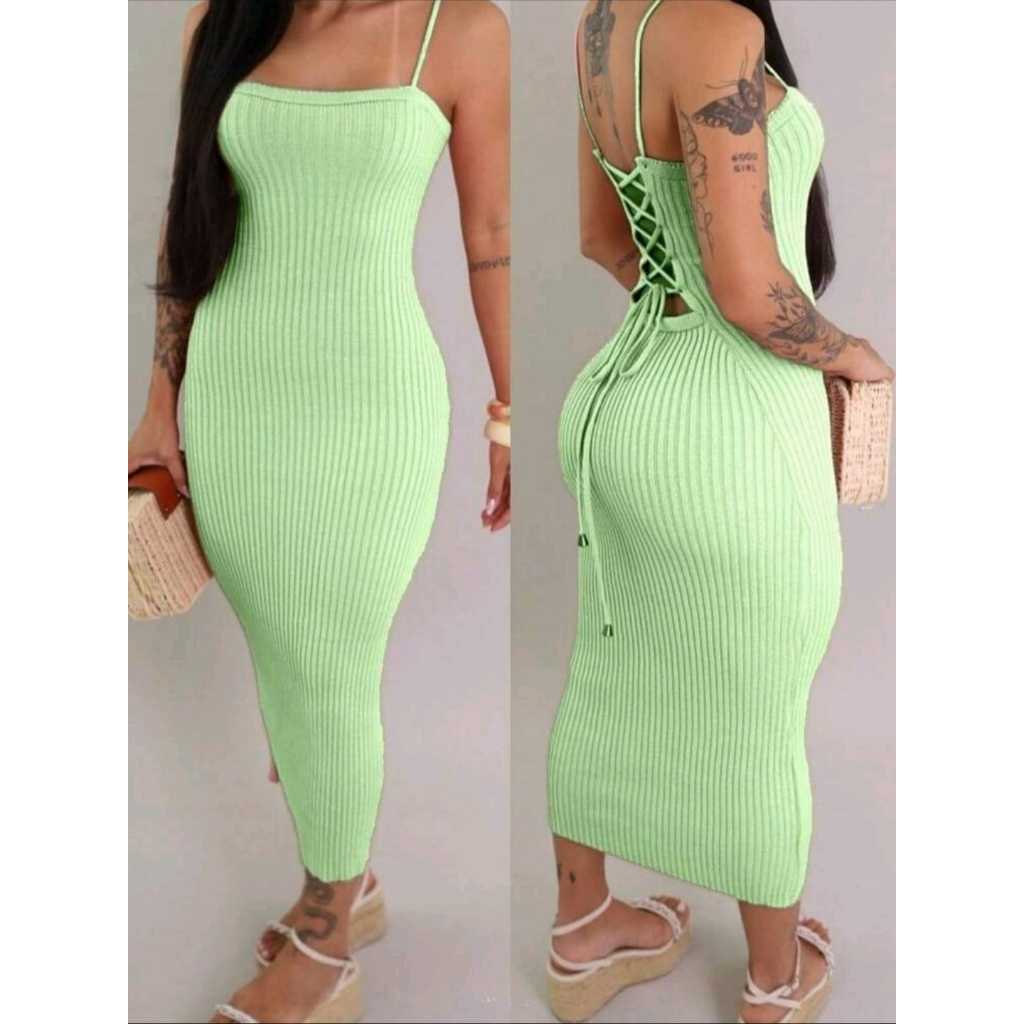 Vestido Midi Trançado nas Costas Tricot Modal Canelado tricô Premium Tendência Verão Festa Praia