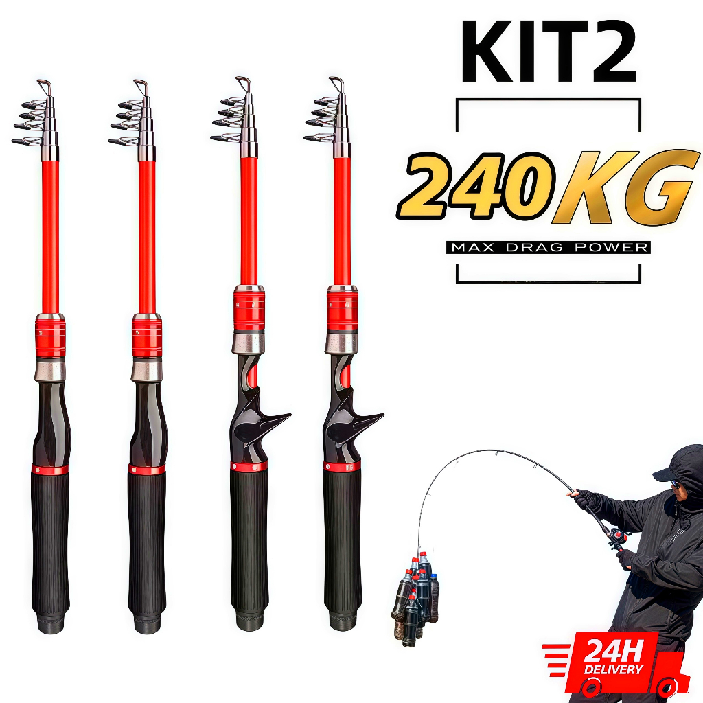 KIT Vara De Pesca 200kg Vara De Pesca Telescópica Fibra De Vidro Esportiva Ao Ar Livre Robalo Portát