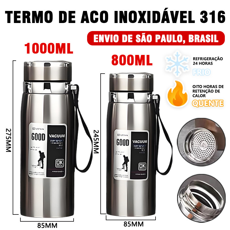 Garrafa 800ml/1000ml Inox Térmica Com Infusor Prata Dourada De Água Café Parede Dupla Com Alça-Para