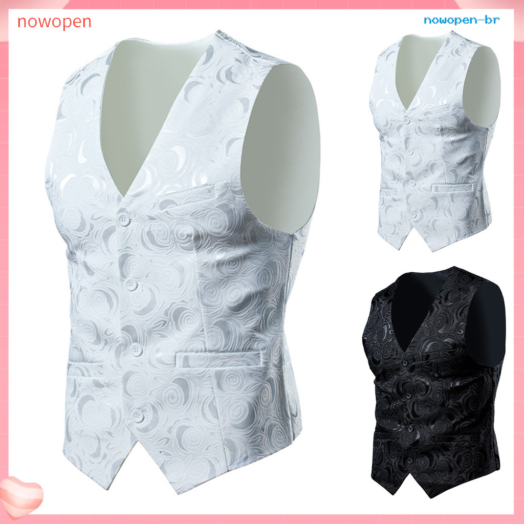 [Agora] Colete Masculino Sem Mangas Com Estampa De Flores , Cardigã Formal Slim Fit Para Festa De Ca