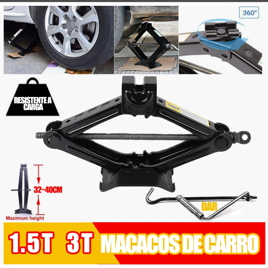 Macaco Sanfona de Carro Suporta 1.5 -3T Jacaré Universal Original para Troca de Pneu com chave