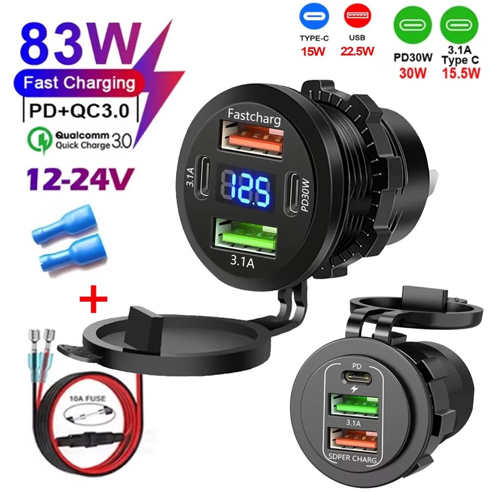 2025 Novo 4 Em 1 85W Carregador De Carro PD + QC3.0 Com LED Voltímetro Tomada Adaptador De Energia À