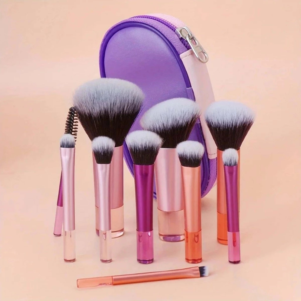 Conjunto De Pincéis De Maquiagem Portáteis Multicoloridos De 10 Unidades Com Bolsa De Armazenamento