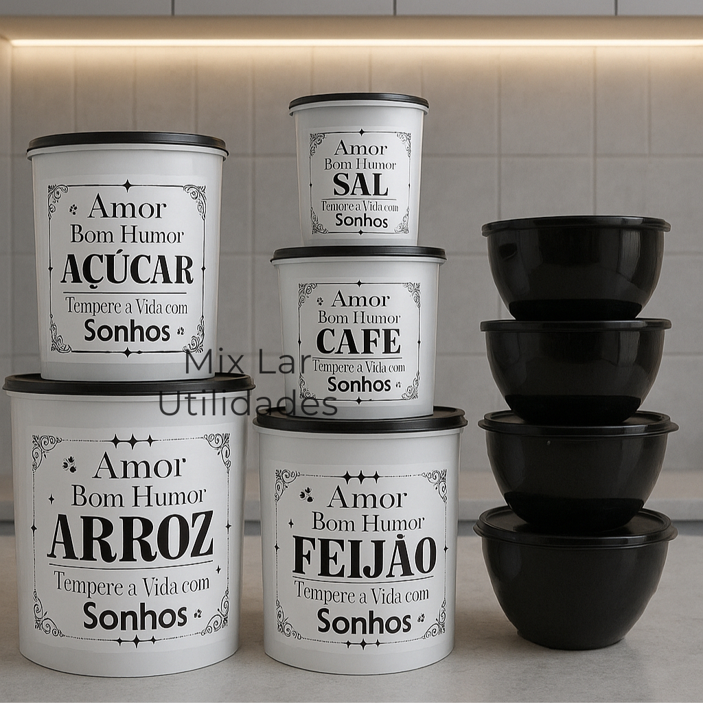 Kit potes de mantimentos cozinha com 9 peças de plástico decorado