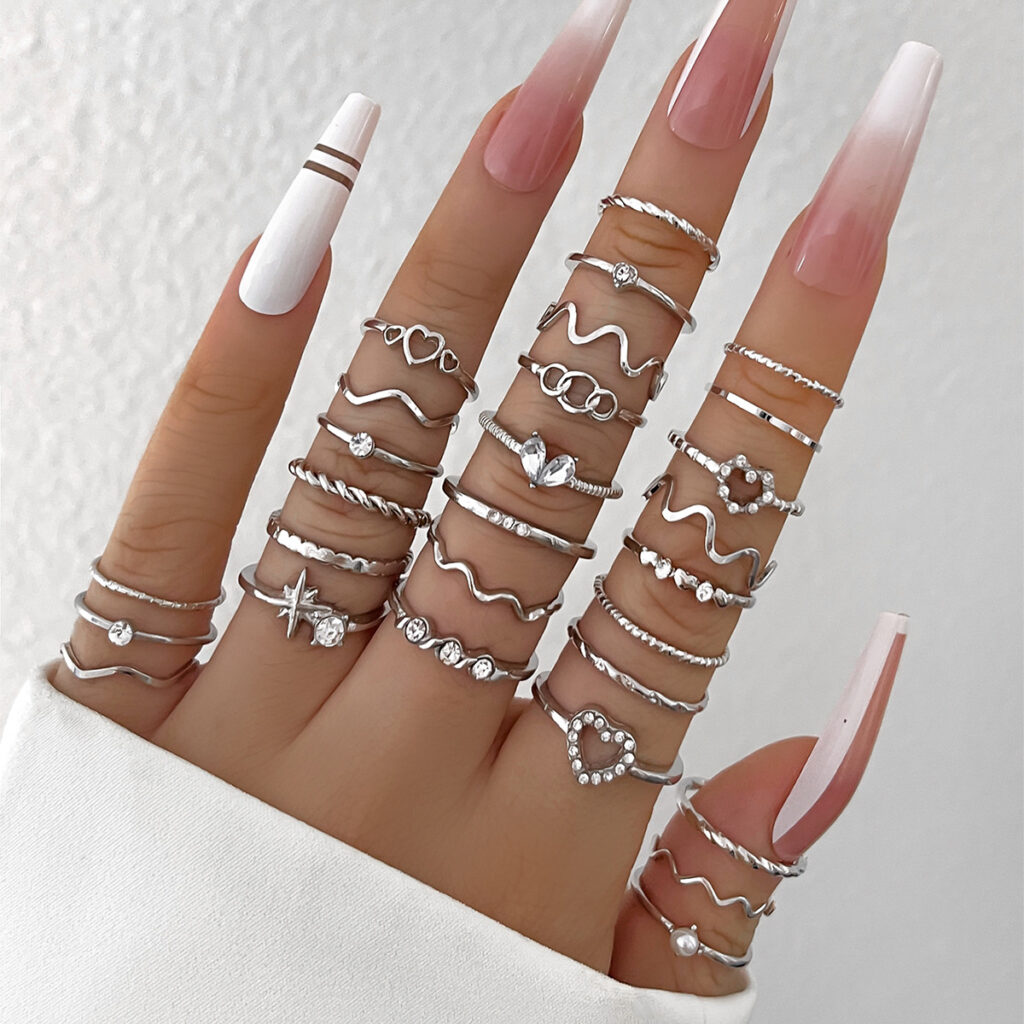 Conjunto De Anéis De Junta Geométrica , 28 Peças , Para Mulheres , Cristal , Coração , Ouro , Prata