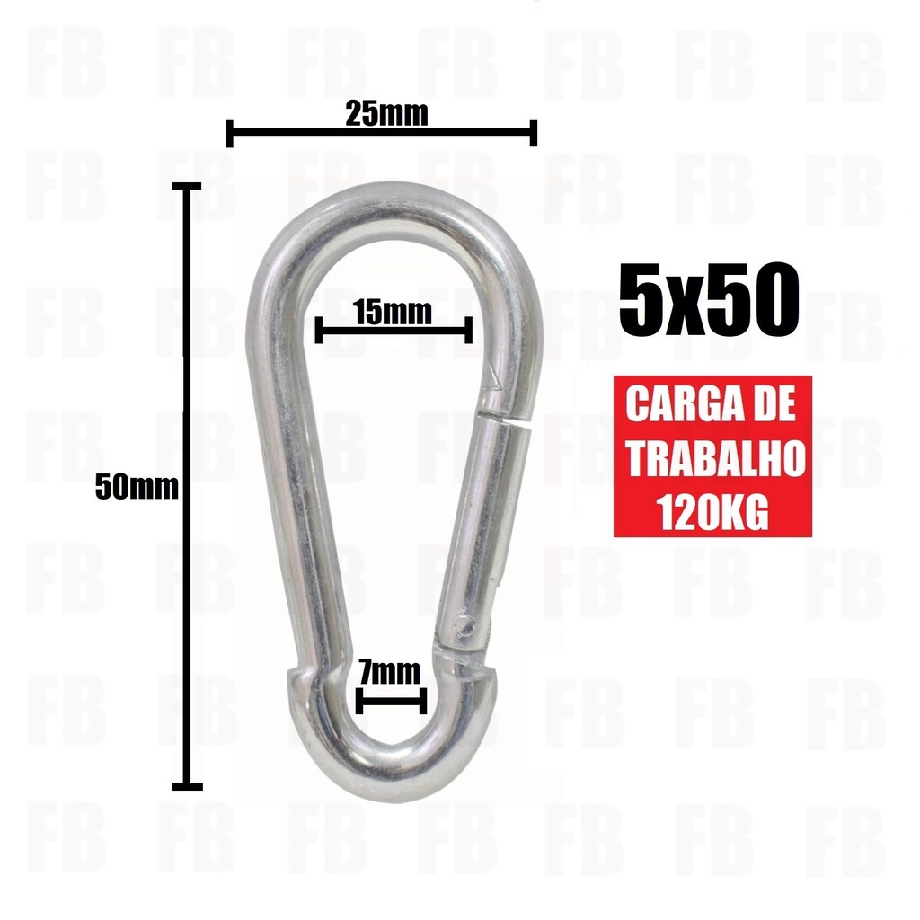 Mosquetão 5×50 profissional aço galvanizado capacidade de até 100kg