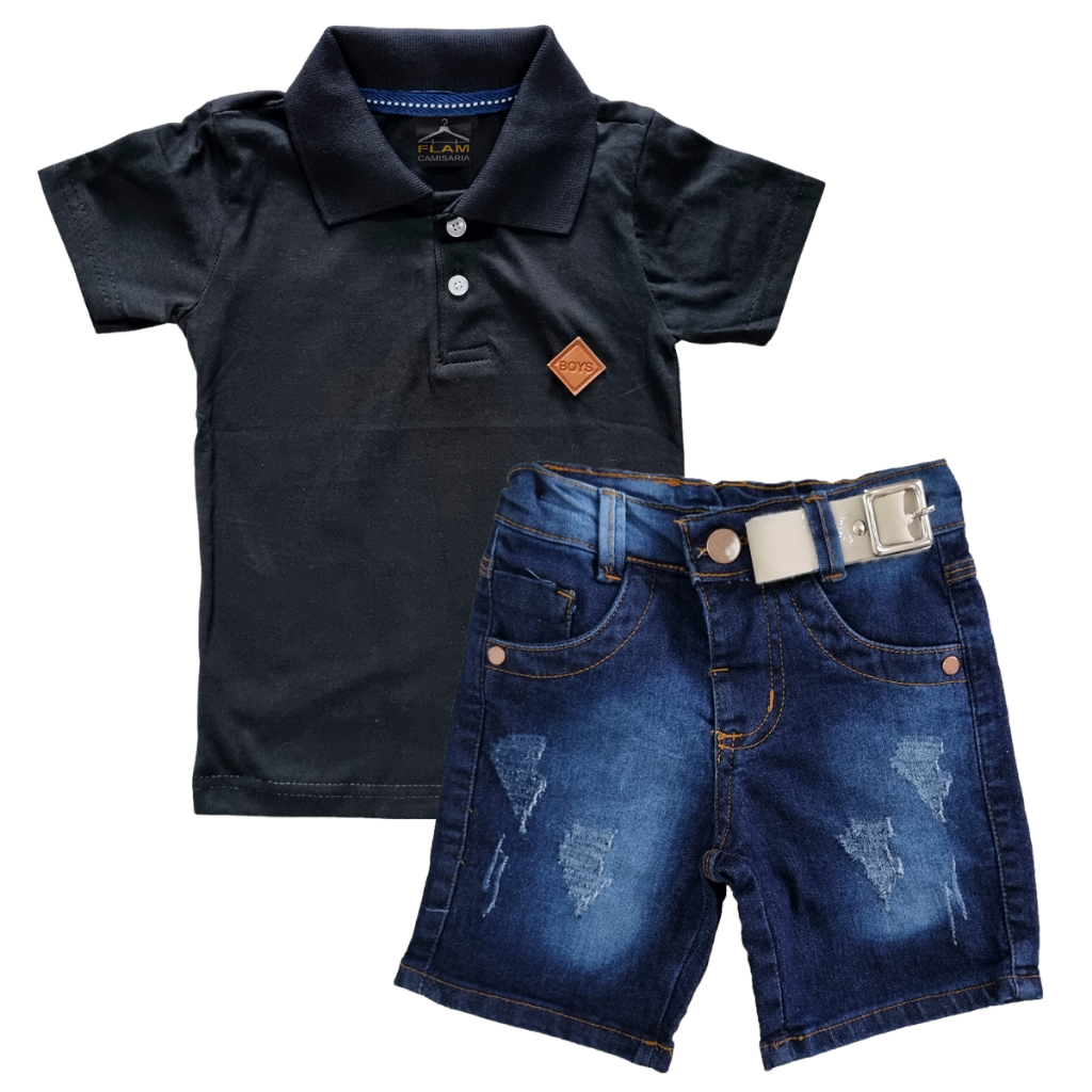 Conjunto Camiseta Polo Infantil com Shorts Jeans Elastano Com Cinto