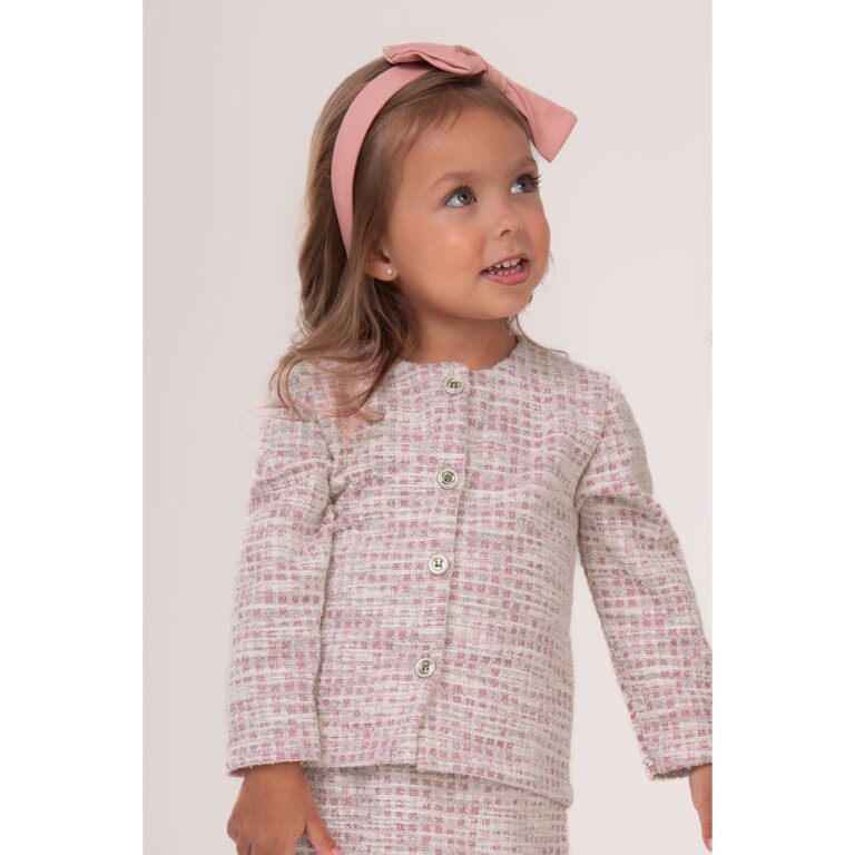 Blazer Infantil Manga Longa em Xadrez Tweed Rosê 