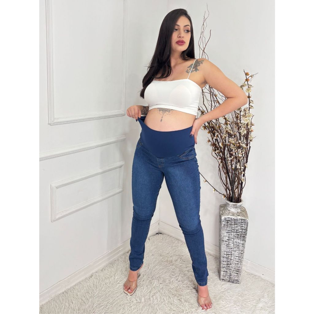 Calca Jeans Gestante Skinny com Elastano Cós Confortável Ajuste Perfeito Gravidez Qualidade Premium