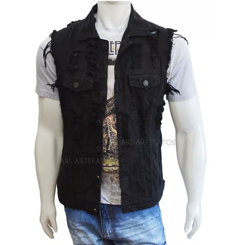 Colete Jeans Masculino Rasgado Destroyed Moto
