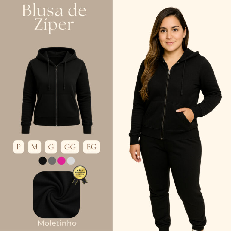 Blusa de Moleton Feminina Capuz Zíper Agasalho Zi