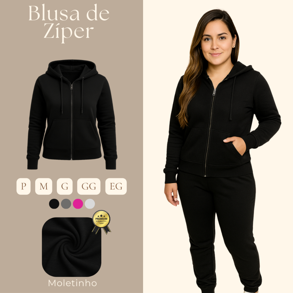 Blusa de Moleton Feminina Capuz Zíper Agasalho Ziper Frio Moletom Casaco Abrigo