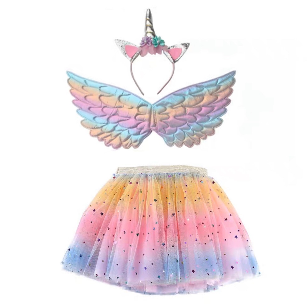 Kit 3 Fantasia Infantil Unicórnio Asa+Saia+Tiara Cosplay/Festa/Carnaval/Helloween/Aniversário/Casame