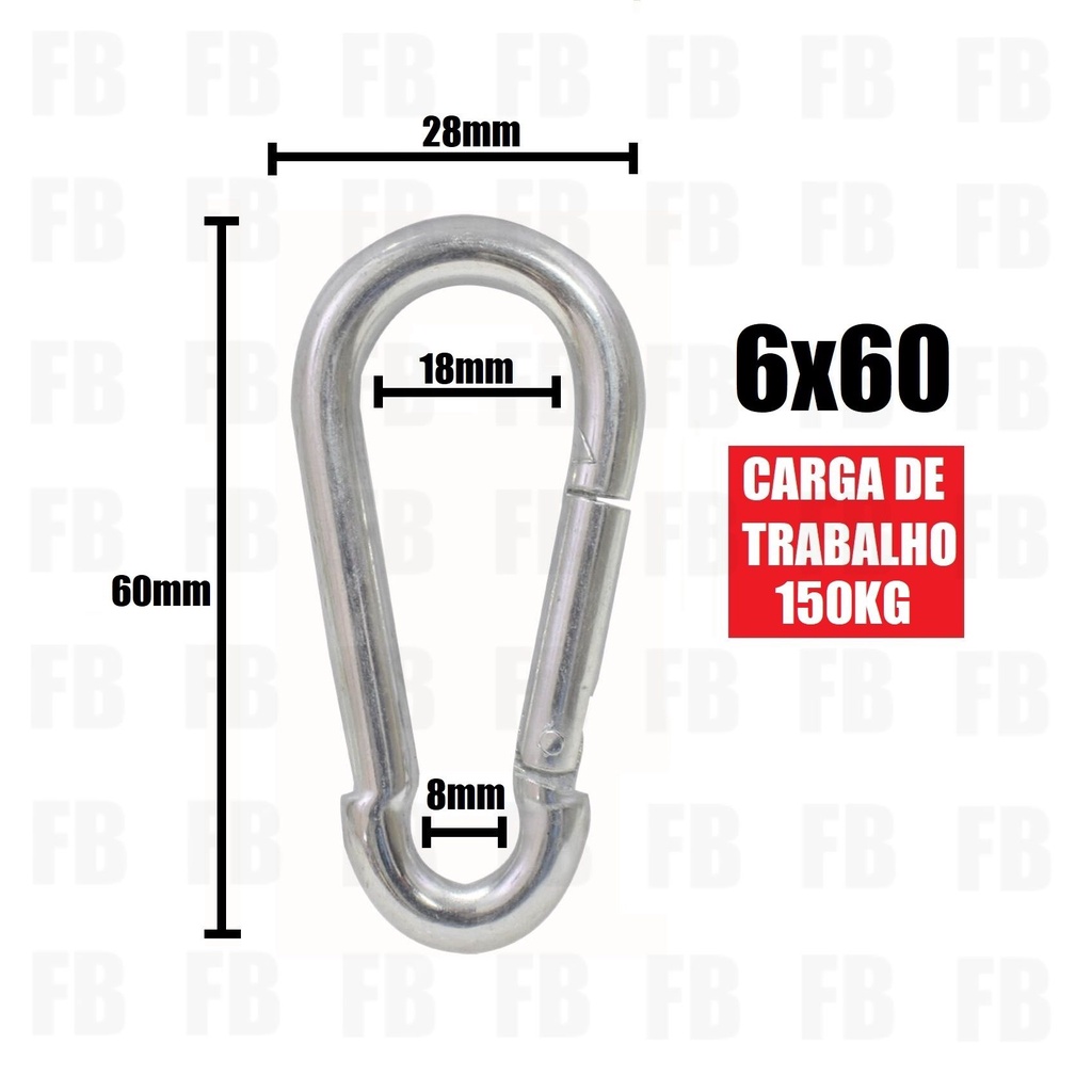Mosquetão 6×60 aço galvanizado suporta 120kg