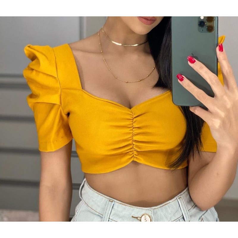 cropped com mangas bufantes e amarração nas costas bengaline cores disponíveis mostarda e preto vest