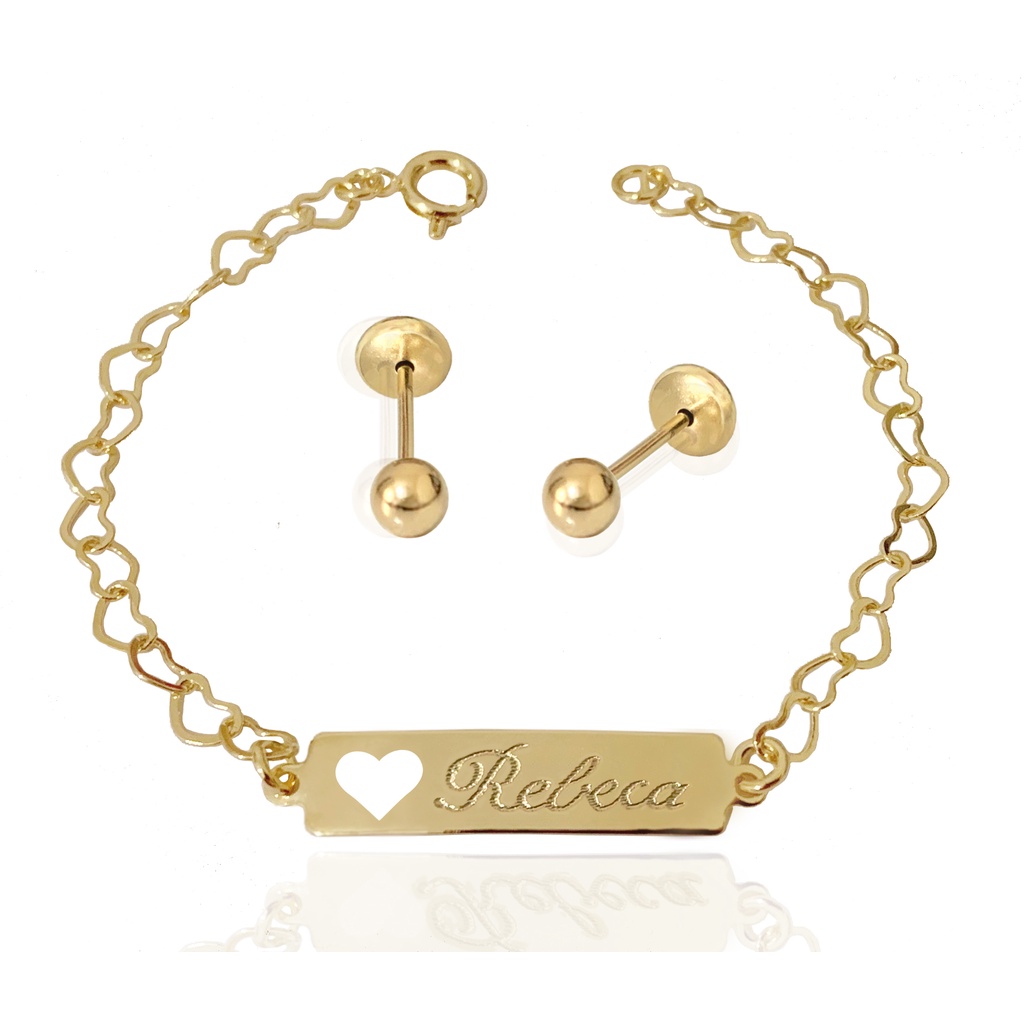 Kit Infantil Brinco e Pulseira Antialergico com Nome Gravado Banhado a Ouro 18k + Garantia