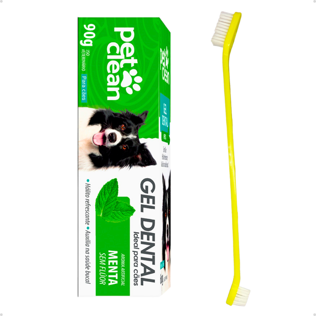 Kit Escova de Dente Dupla para Cachorro e Gato + Pasta de Dente Gel Dental Pet Clean 90g