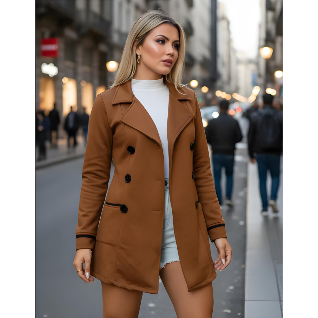 Casaco Moletom Sobretudo Feminino Inverno C/ Botões Gola Dobável Flanelado Moda Do P ao G3