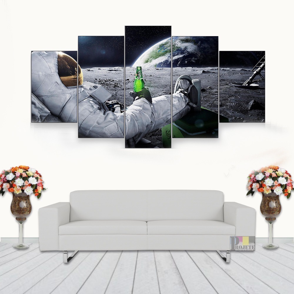 Quadro Decorativo Astronauta Na Lua 115×60 5 Peças N05
