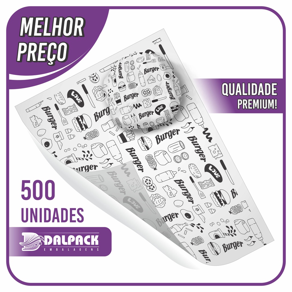 Papel Acoplado (Burger) – 500 Undidades – Para Embrulhar Hamburguer, Burguer, Lanche, Fast Food